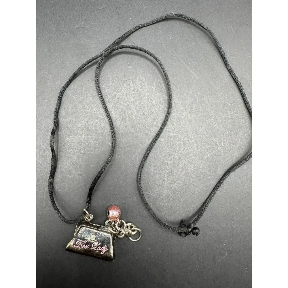 Vintage Silver Tone First Lady Purse Crystal Accent Pendant Necklace Black Cord